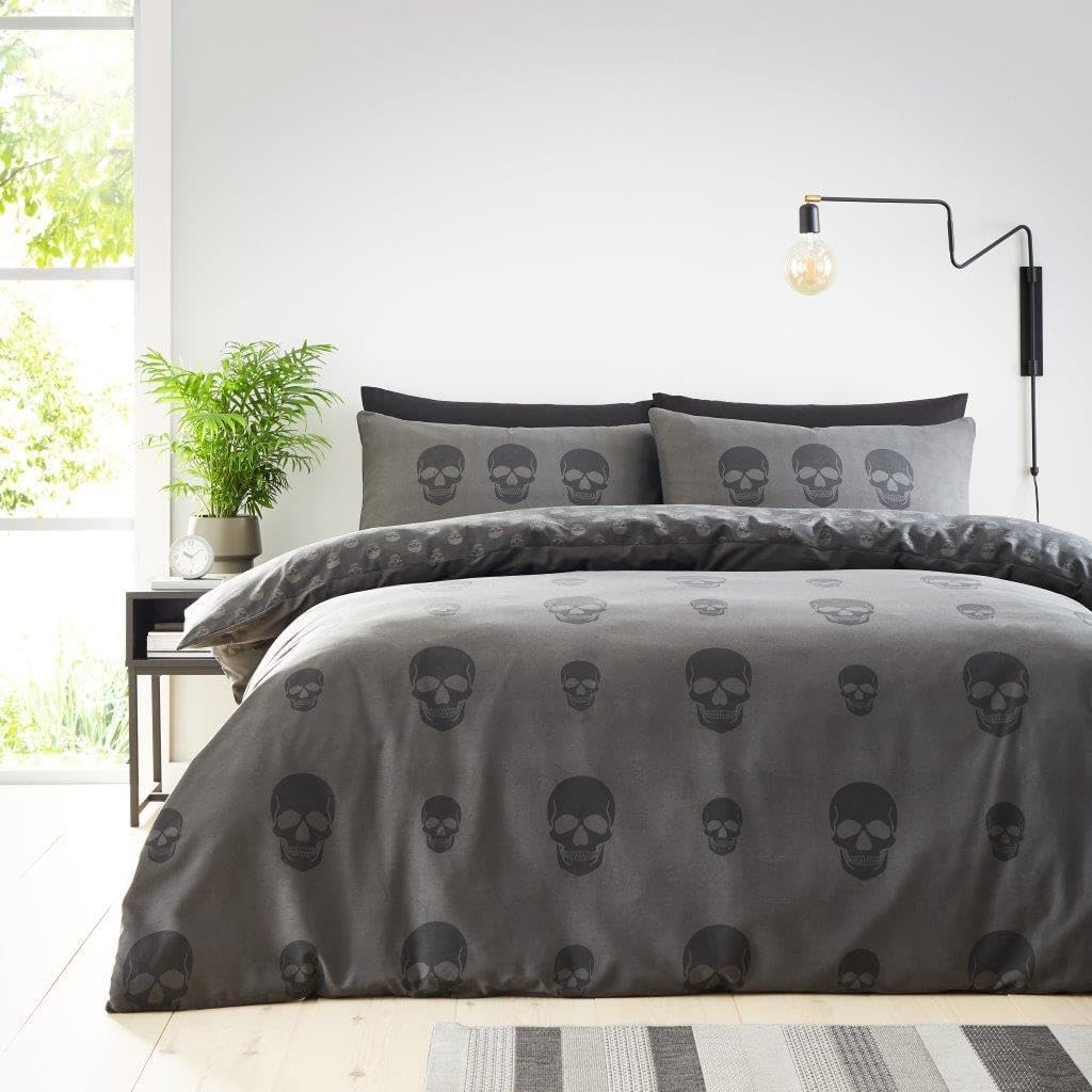 Halloween Duvet Cover King Size, Reversible Skull Bedding Set (230x220 cm), Polycotton Skeleton Head Quilt Cover Bed Set, Charcoal Main image