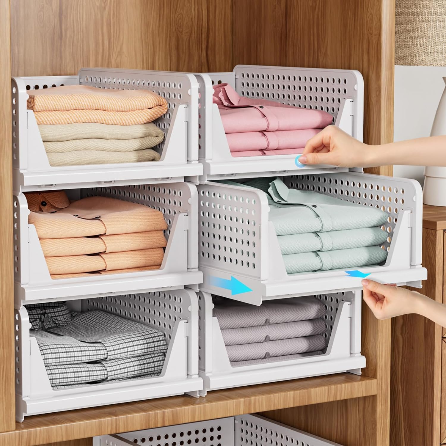 SNSLXH 5 Pack Wardrobe Storage Organiser, Stackable & Foldable Closet Organisers for Bedroom Bathroom Laundry Room Wardrobe Storage, Space-Saving Clothes Storage Drawer Organiser Basket, White Main image
