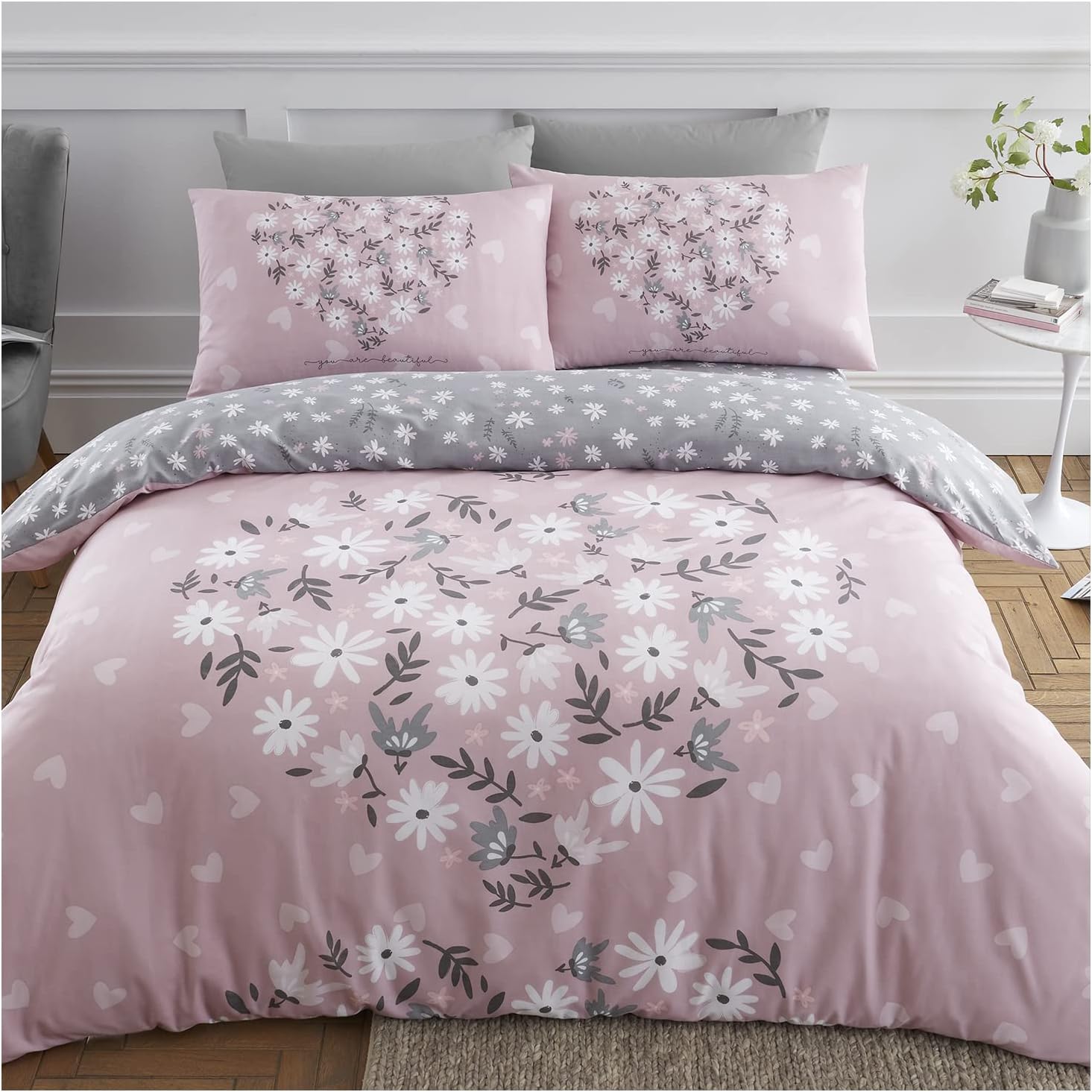 Premium Heart Duvet Cover Single Pink, Soft Printed Bedding Sets, Warm & Cosy Quilt Covers, 705864