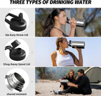 Stainless Steel Vacuum Insulated Water Bottle 64oz, Drink Flask Metal Water Bottles 1890ml with 2 Lids Leakproof (Straw Lid and Spout Lid) Keep 24 Hours Cold Drinks for Sport, Work, Travel