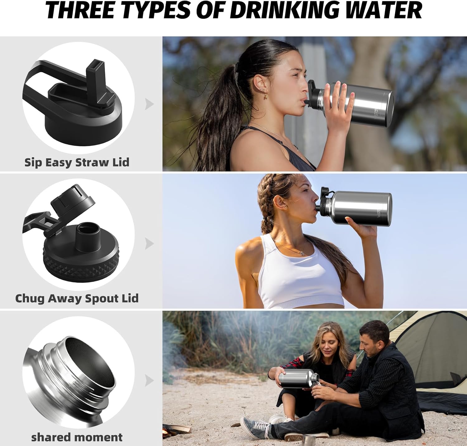 Stainless Steel Vacuum Insulated Water Bottle 64oz, Drink Flask Metal Water Bottles 1890ml with 2 Lids Leakproof (Straw Lid and Spout Lid) Keep 24 Hours Cold Drinks for Sport, Work, Travel