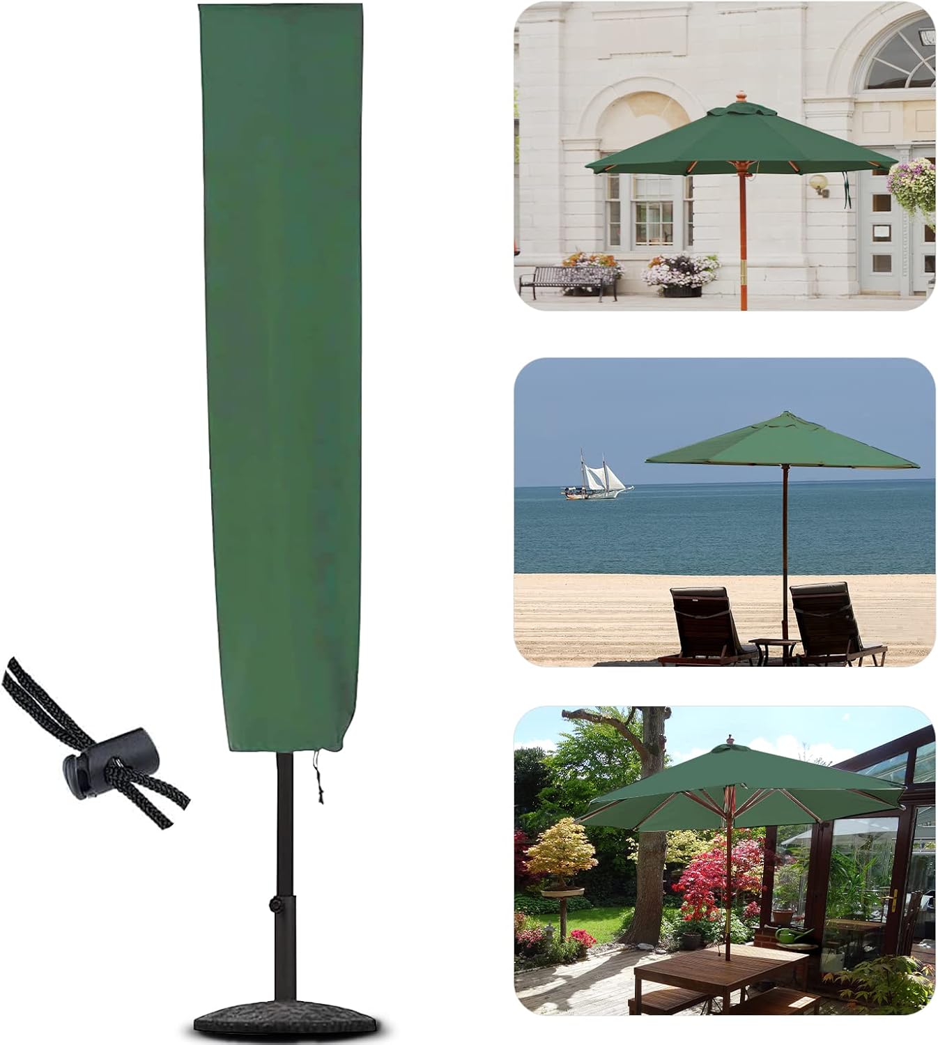 RICHIE Garden Parasol Cover Patio Umbrella Covers for Parasol Fits 2 to 3m Diameter Parasols 153x30x30cm Waterproof Tear Resistant 600D Oxford PVC Coating with Drawstring Cord at Bottom, Green, NO ZIP