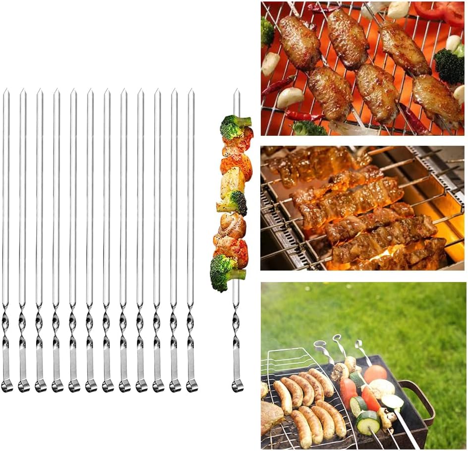 Ram© 1B09W9YRSNQ2 X Kebab Skewers, Set of 12 Stainless Steel BBQ Grilling Skewers Flat Reusable Metal Skewer Sticks for BBQ, Cocktail, Shish Kabob, Party Essentials, 30cm
