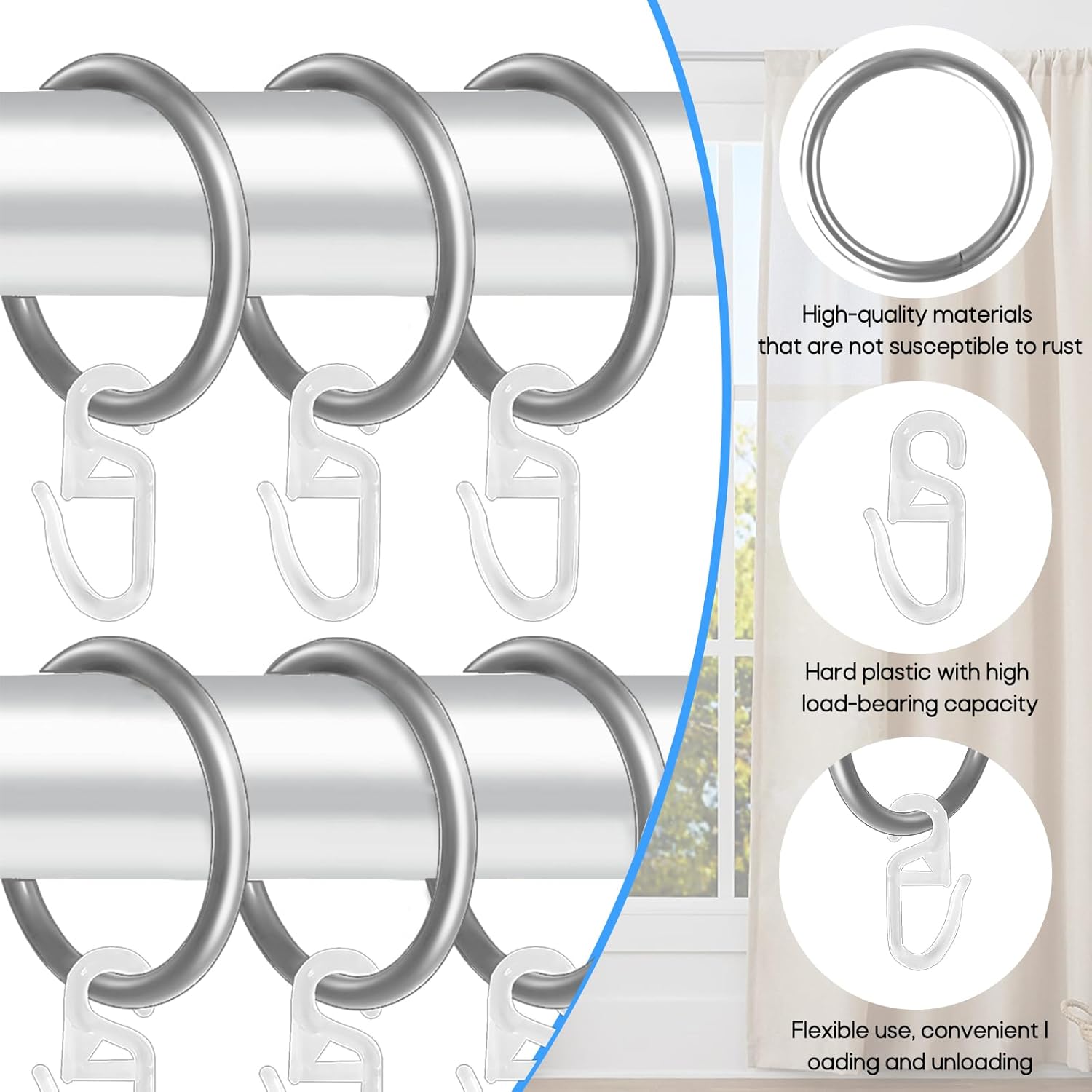 40 Pcs Silver Curtain Rings with hooks 30 mm, Curtain Clip Ring, 80 Pcs Silent Curtain Hooks, Metal Curtain Rings Stainless Steel, Curtain Hooks for Home Window Rod Decoration