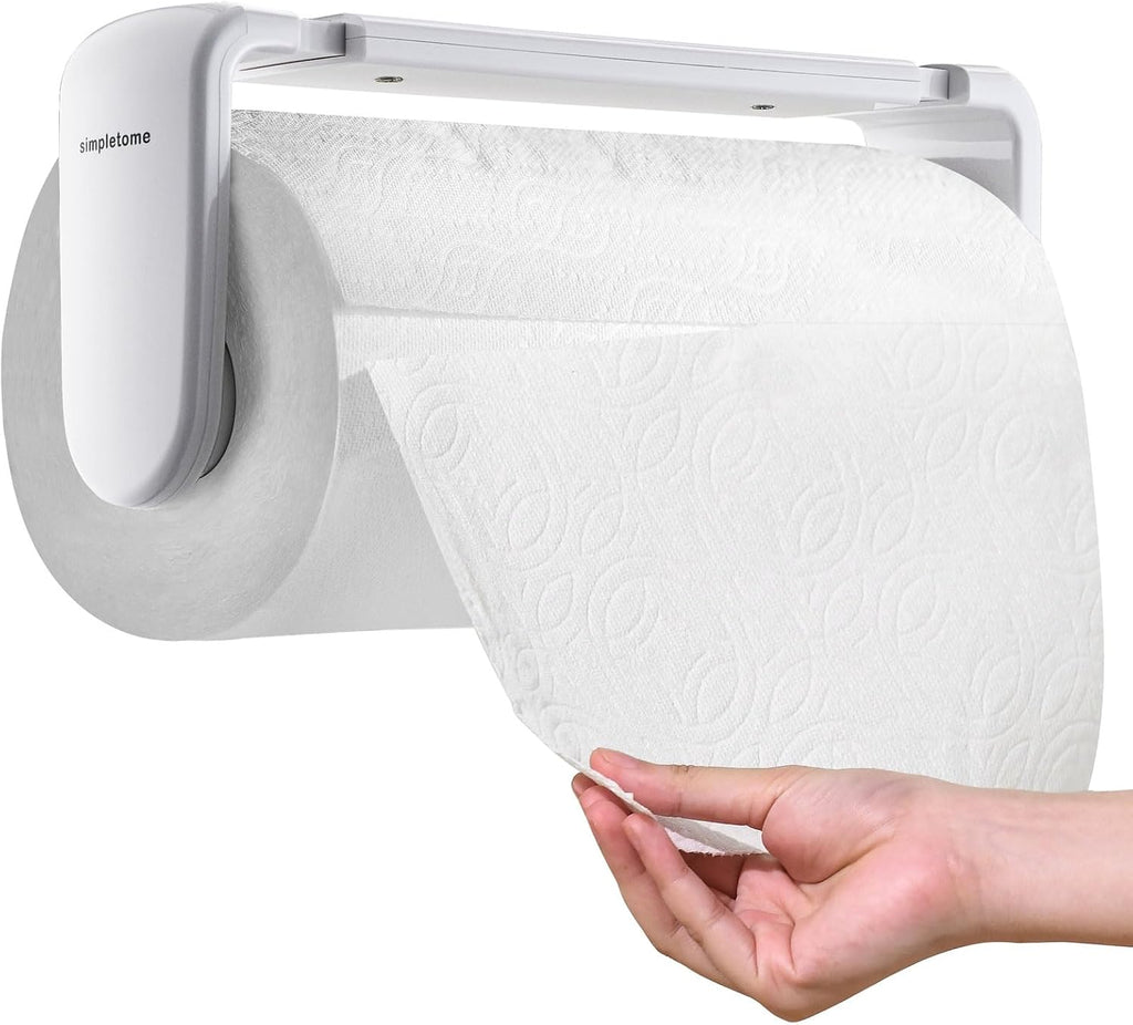 Paper Towel Holder Under Cabinet or Wall Mount ONE HAND Operation Tension Arm Kitchen Roll Holder (White, for 18-23cm/7-9inches roll)