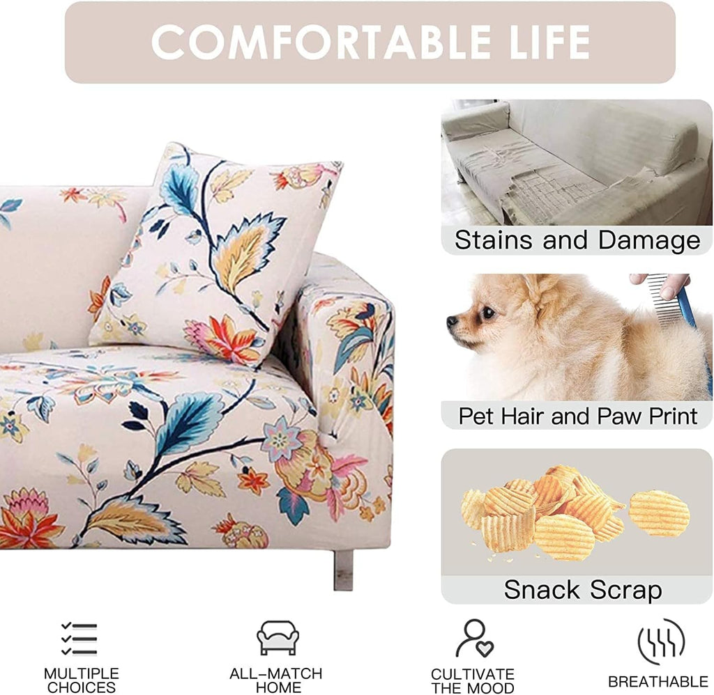 Stretch Sofa Coves, Polyester Spandex Printed Elastic Couch Sofa Slipcovers, 4 Seater Furniture Protector Covers, 88-114" Long with Anti-Slip Foam (DreamFlower)