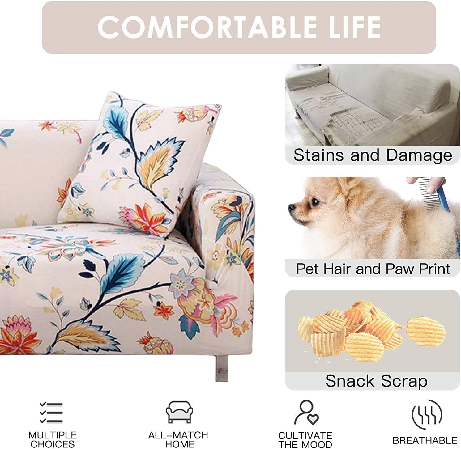 Stretch Sofa Coves, Polyester Spandex Printed Elastic Couch Sofa Slipcovers, 4 Seater Furniture Protector Covers, 88-114" Long with Anti-Slip Foam (DreamFlower)