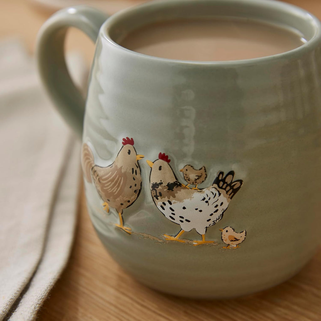 Hen House Lane Sage Belly Mug | Farmhouse Stoneware Coffee Cup | Ribbed & Embossed Hen Design | Rustic Tea Mug for Home & Kitchen | Dishwasher & Microwave Safe | 400ml