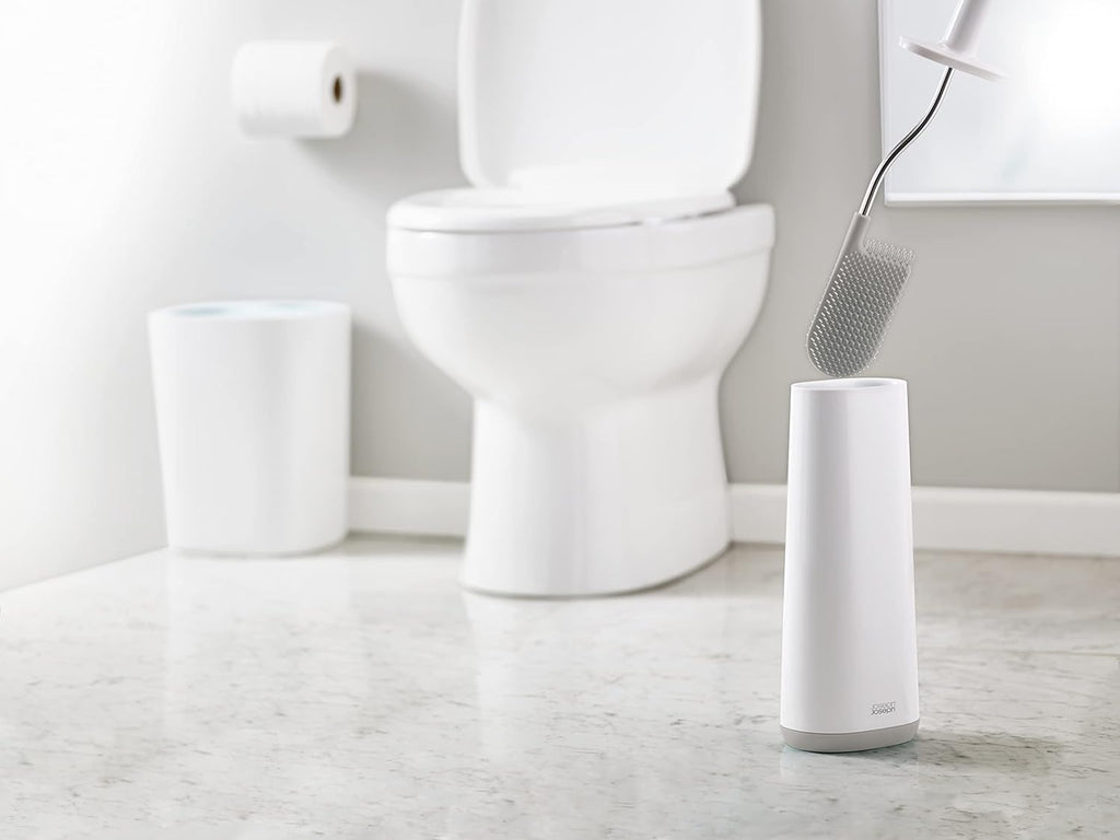 Joseph Joseph Flex - Smart Hygienic Silicone Toilet Brush with Holder Set, flexible anti-drip, anti-clog deep clean head - White/Grey