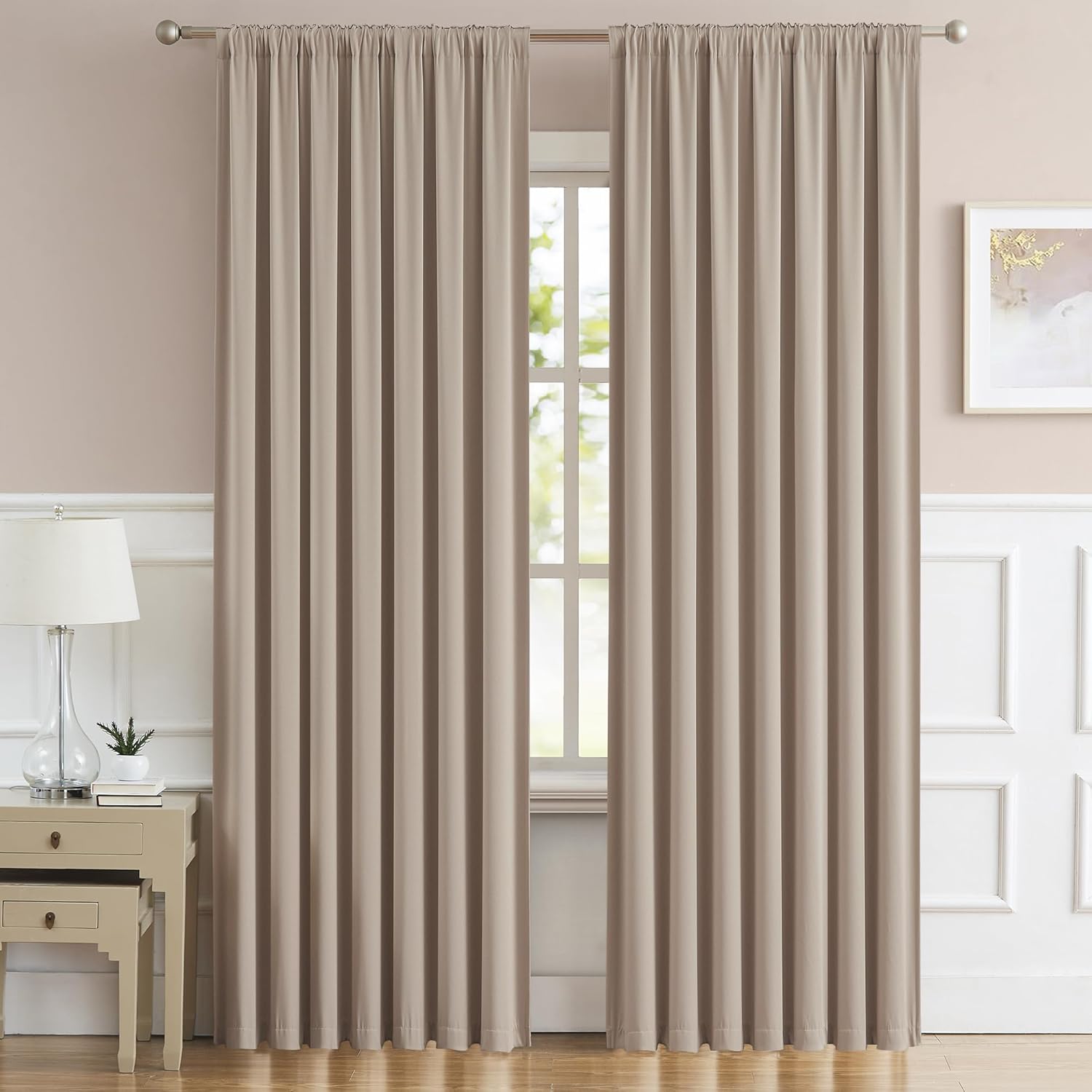 DUALIFE Warm Taupe Back Tab Curtains 84 Inches Long 2 Panels, Pinch Pleated Look Vertical Blinds Window Curtains for Patio Sliding Glass Door 70 inch Wide Privacy Draperies 70 x 84 inch, Rose Tan Main image