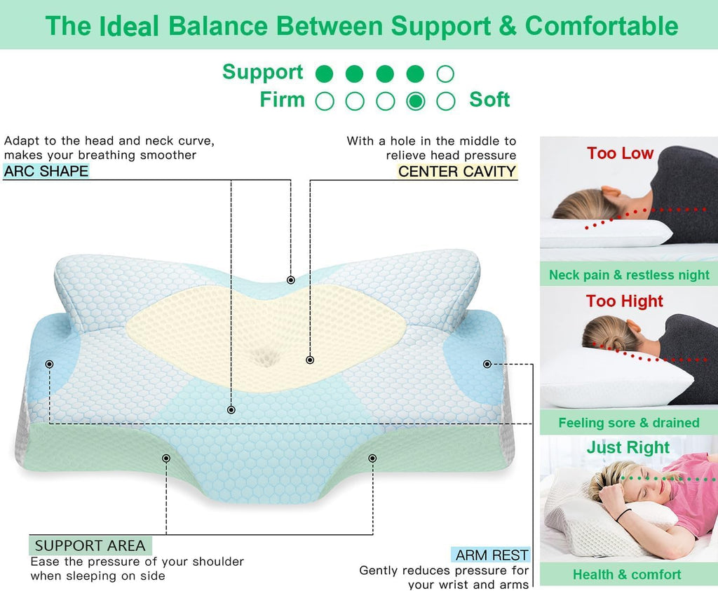Cervical Memory Foam Pillow for Neck Pain Orthopedic Neck Pillow for Shoulder Pain Ergonomic Head Neck Support Pillow for Side/Back/Stomach Sleepers with Removable Cover (Blue)