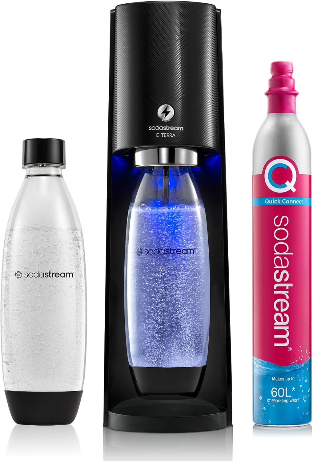 Electric Terra Sparkling Water Maker, 3 Carbonation Settings, Quick Connect CO2, Includes 60L Gas Cylinder, BPA-Free Bottle, Black