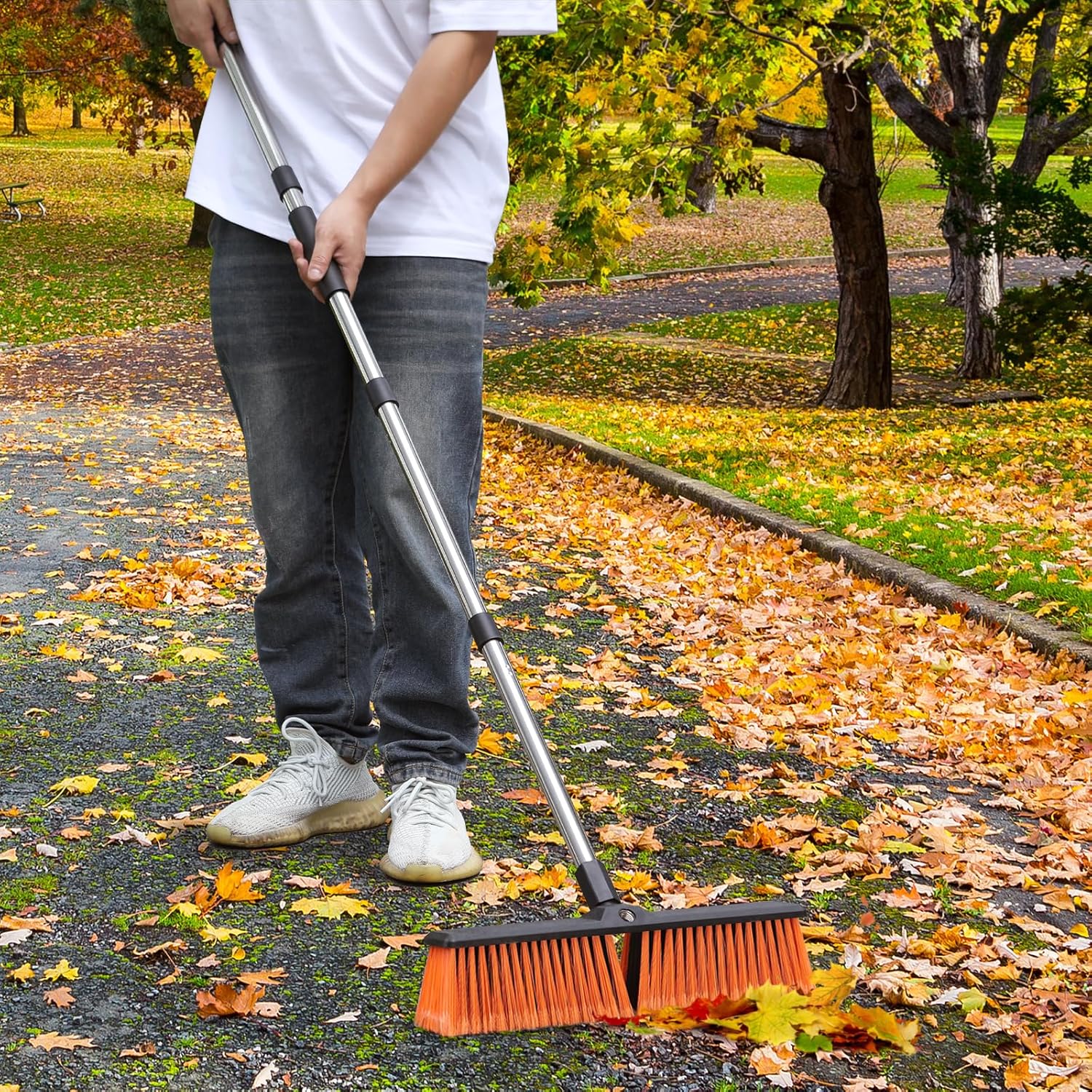 18IN Garden Broom Outdoor Heavy Duty with Long Handle(64IN), Hard Yard Sweeping Brush with Stiff Bristle, Patio Large Brooms Outside, Industrial Wide Brushes Set, Strong Deck Cleaning Tool