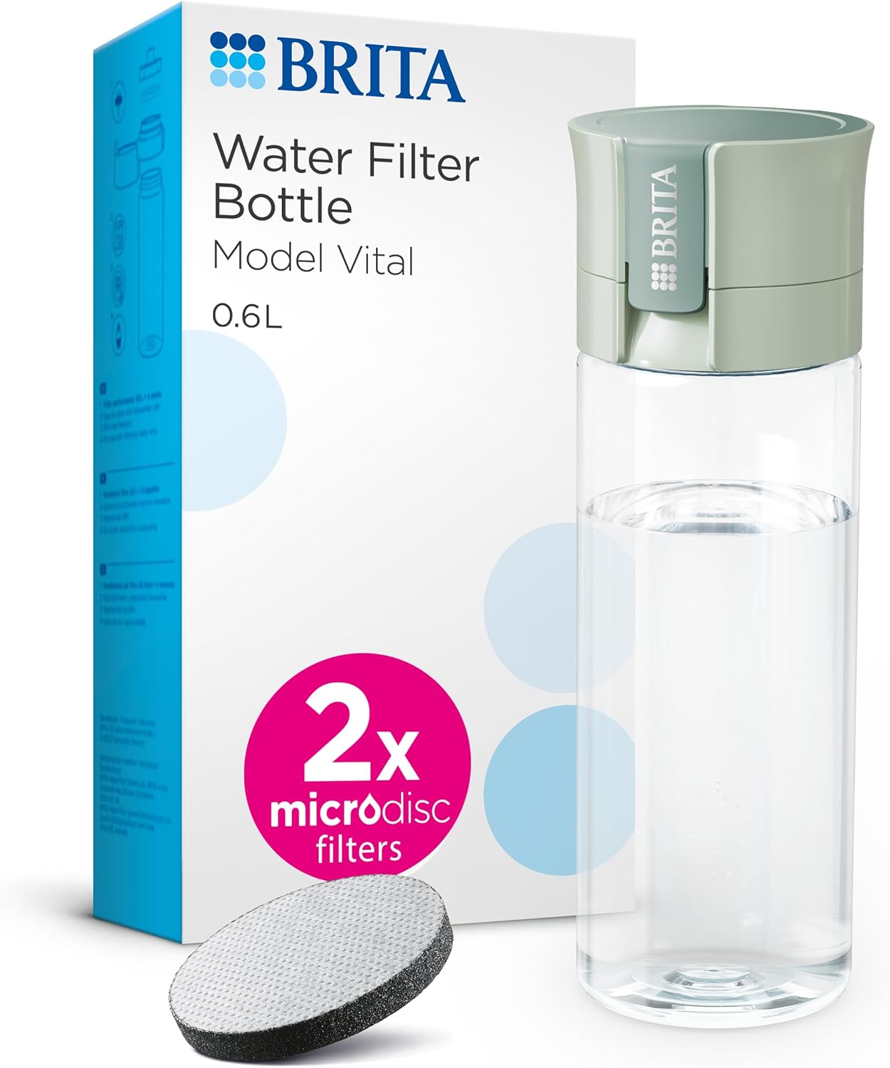 Water Filter Bottle Light Green (600ml) incl. 2x MicroDisc Filters - portable water filtration bottle for hydration on-the-go, filters chlorine, organic impurities, hormones and pesticides Main image
