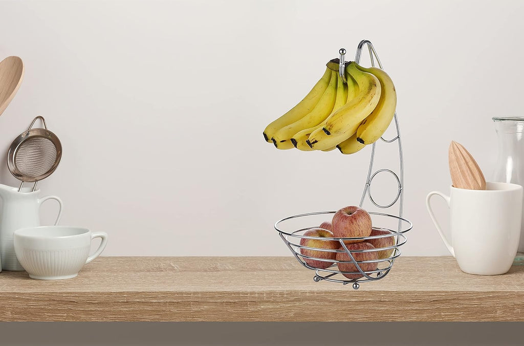 Fruit Basket Fruit Bowl with Banana Hook 43cm Tall, Wired Fruit Rack/Banna Stand Hanger - Silvery Chrome Finish