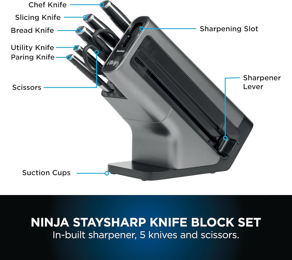 Foodi StaySharp Knife Block with Integrated Sharpener; 5 Knives and Scissors (1 pair), Sharp 6-Piece Knife Set; Chef, Bread, Slicing, Utility, Paring Knives & Scissors, Stainless Steel, K32006UK