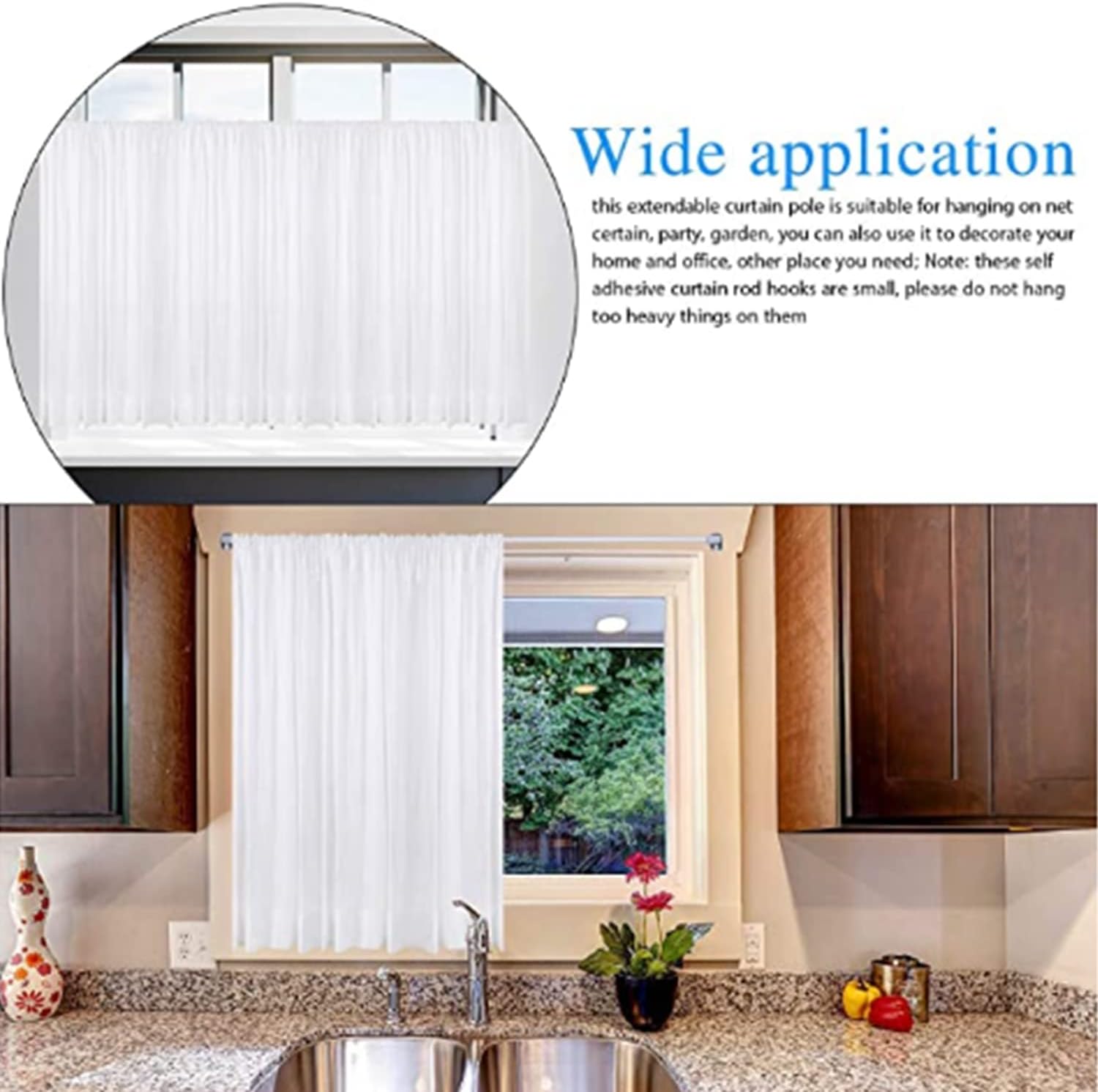 BANJlLl 2 Pack Extendable Net Curtain Rods (30-50cm) with 4 Sticky Hooks - No Drill Tension Rod for Windows.Bathroom, Rental Homes Strong Adhesive, White Lightweight Poles