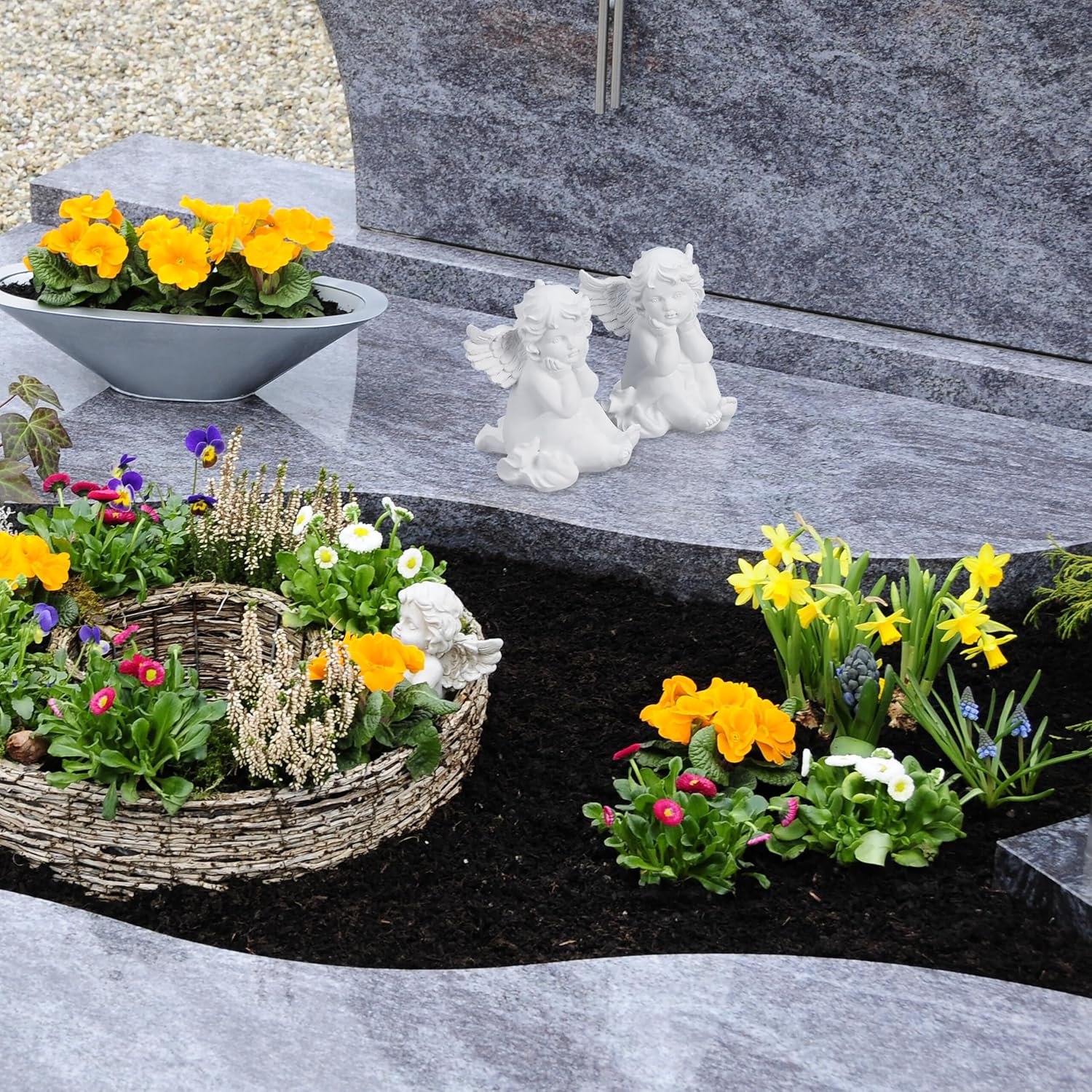 Relaxdays Grave Angel, Set of 2, Weatherproof, Frost-Proof, HxWxD: 10 x 7 x 9 cm, Decoration, Guardian, Polyresin, White