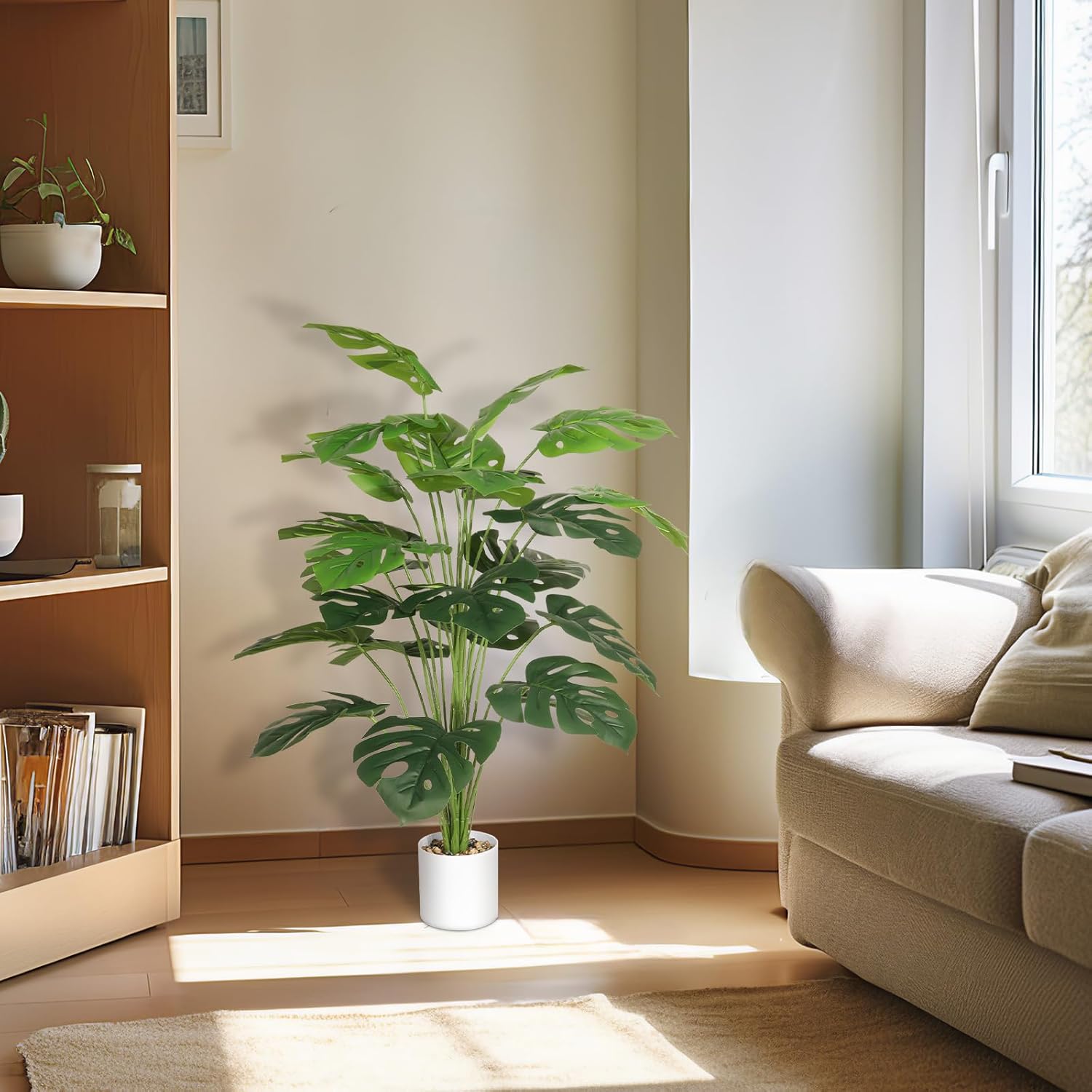 28" Artificial Plants Tropical Palm Tree Fake Monstera Tree in Pot Tall Faux Plant for Outdoor Indoor Home Garden Office Decoration