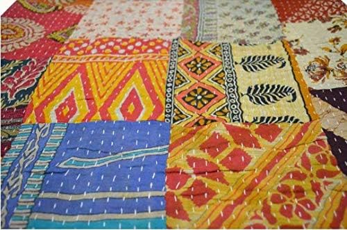 Estationeryhouse Indian Vintage patchwork Kantha Quilt Handmade Throw Reversible Blanket Bedspread Cotton Fabric BOHEMIAN quilt (85x55 inch)