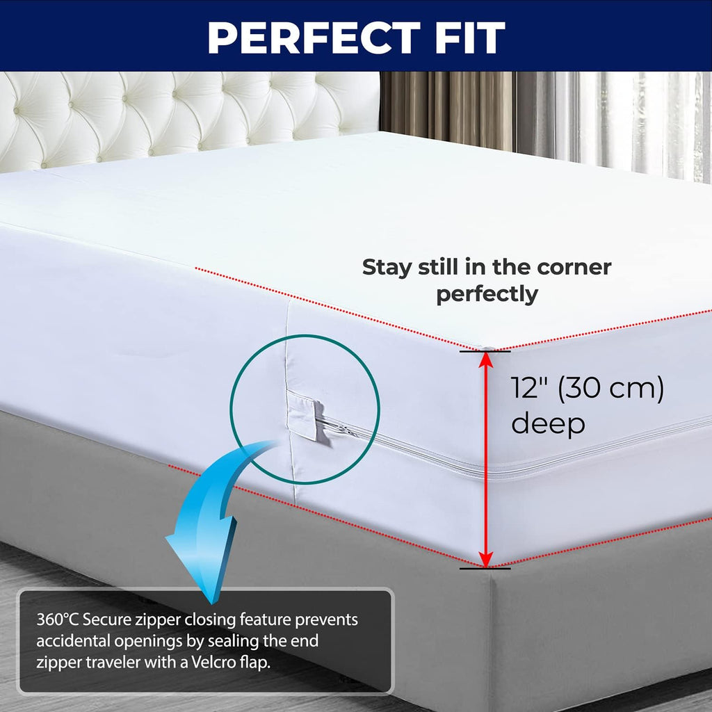 Bed Bug Mattress Protector, Anti Allergy Fully Zipped Waterproof Mattress Encasement with Zip dust mite cover King size (152 x 200+30cm)