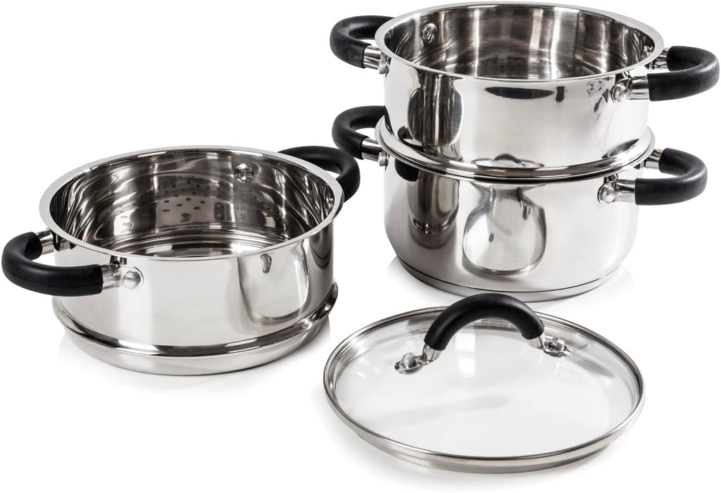 T80836 3-Tier Steamer with Encapsulated Base and Tempered Glass Lid with Steam Release Vent, Induction Compatible, Stainless Steel, Silver