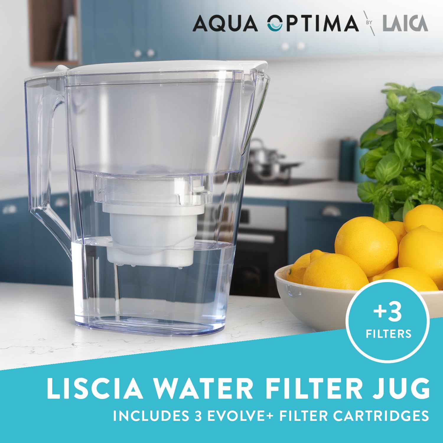 Aqua Optima Liscia Water Filter Jug & 3 Evolve+ Filter Cartridges 2.5L White - Fridge & Dishwasher Friendly, Easy Fill - Reduces Limescale, Chlorine & Other Impurities - By LAICA (Packaging May Vary) Secondary image