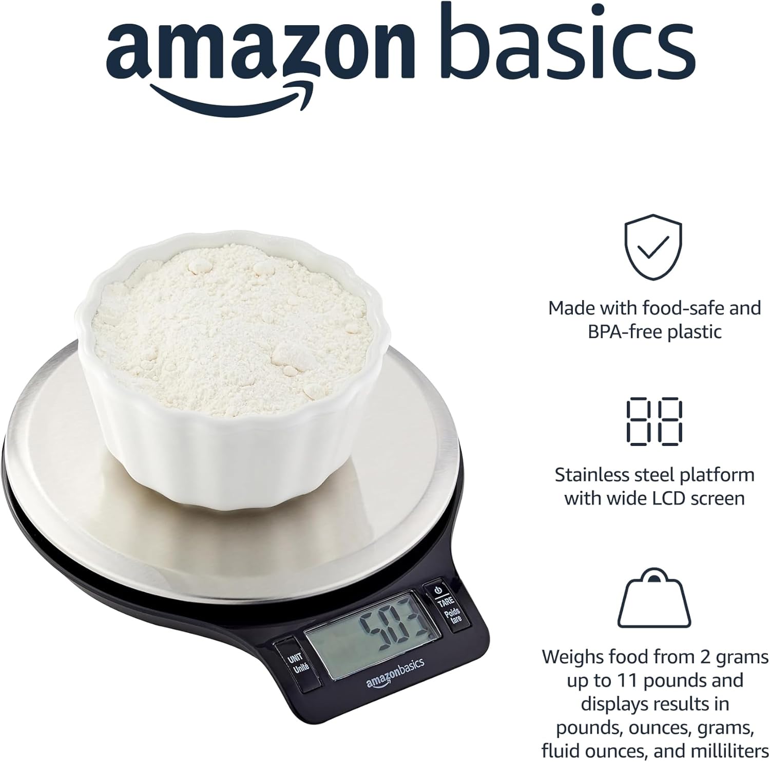 Digital kitchen scales with LCD display (with batteries), Black and Stainless Steel, BPA free, Weighs up to 11 pounds