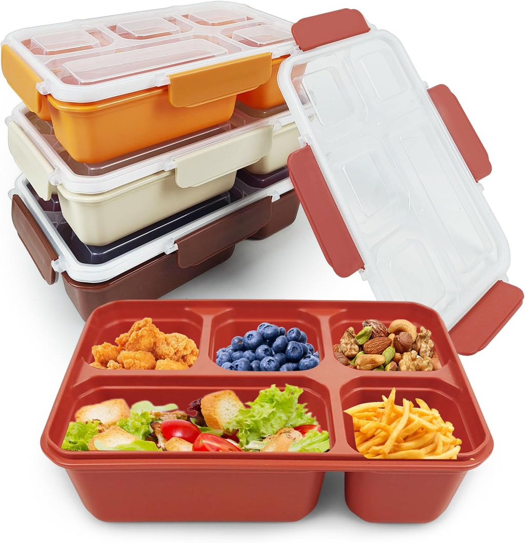 4 Pack Snack Containers, Reusable 5 Compartments Bento Snack Box, Meal Prep Lunch Containers for School Work Travel, Divided Food Storage for Kids Adults