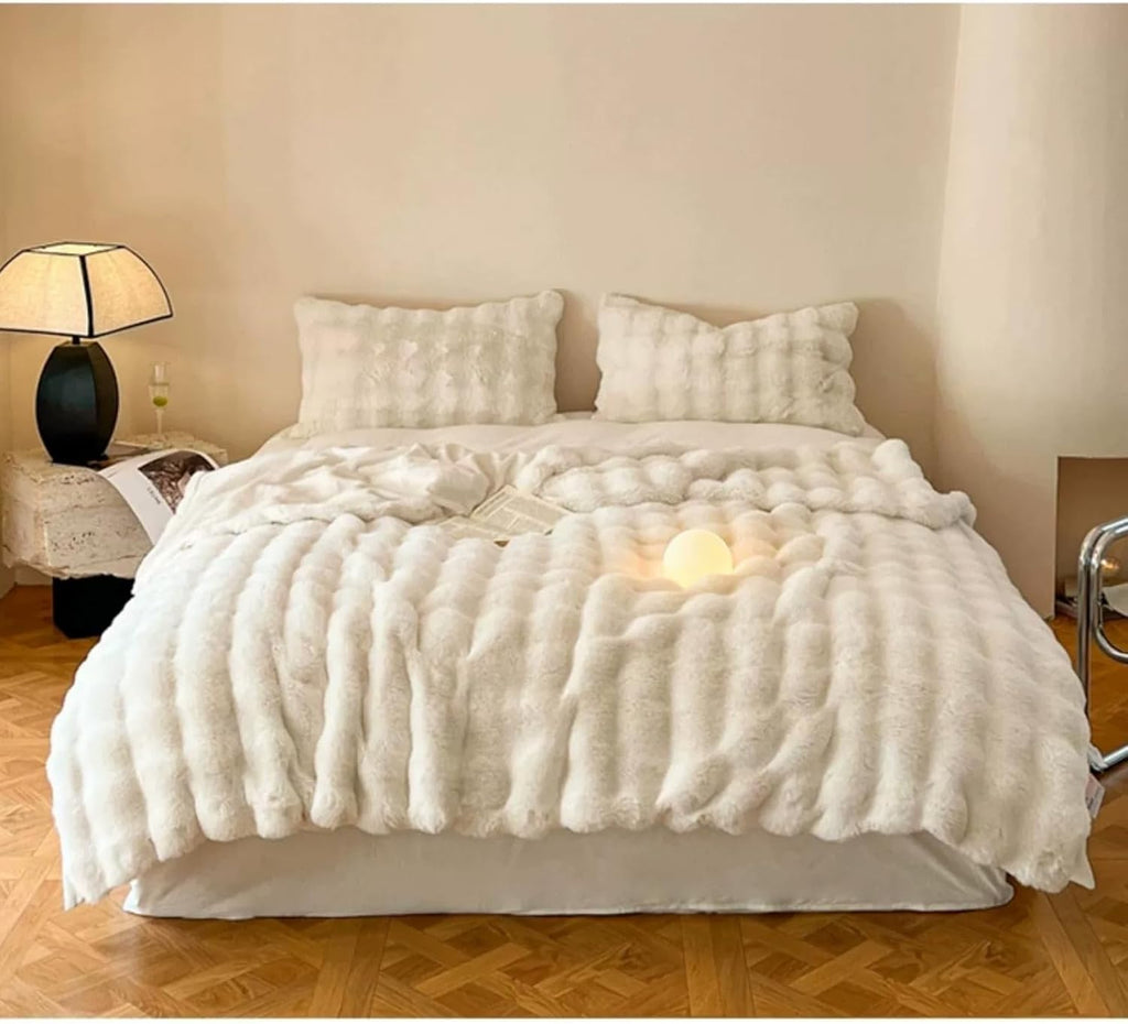 Faux Rabbit Fur Luxury Plush Sherpa Throw Blanket Reversible Fuzzy Warm Cozy Fluffy Fur Blanket for Bed Sofa Couch Home Decor (Cream, 130 * 150cm)