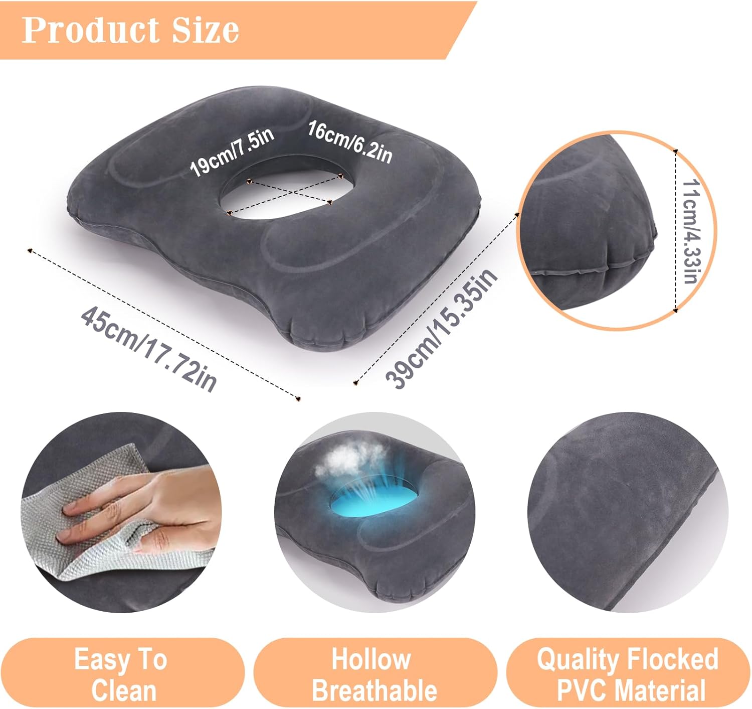Inflatable Hemorrhoid Pillows, Donut Pillow for Tailbone Pain, Adjustable Inflatable Seat Cushion for Bed Sores, Postpartum Pregnancy, Car Seat, Airplane, 17.7'' x 15.4'' x 4.3''(Grey)
