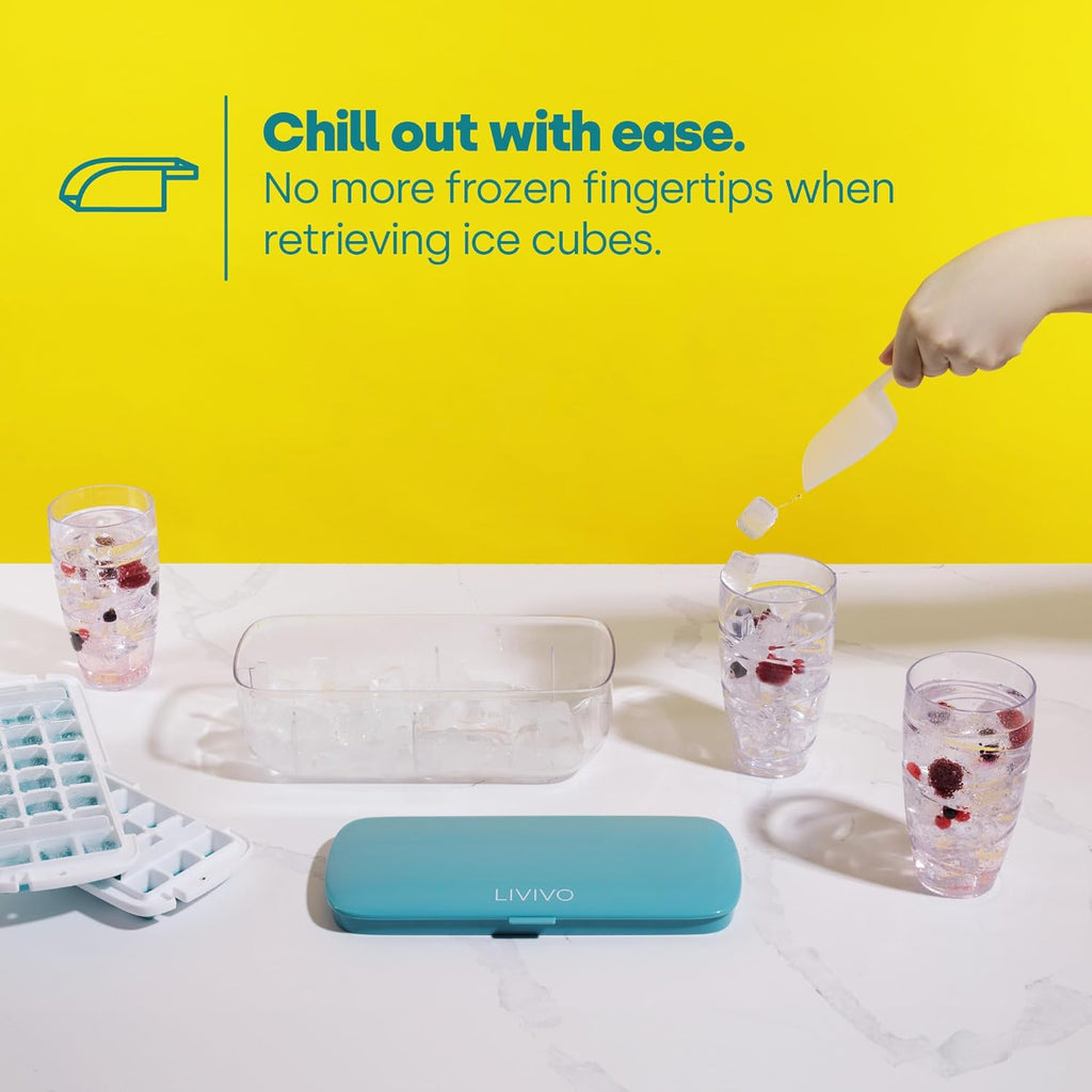Ice Cube Tray with Lid Dispenser & Storage - Reusable BPA Free Easy Press Release 48 Ice Cube Moulds - 2 Tray with Dispenser, Ice Bucket & Scoop