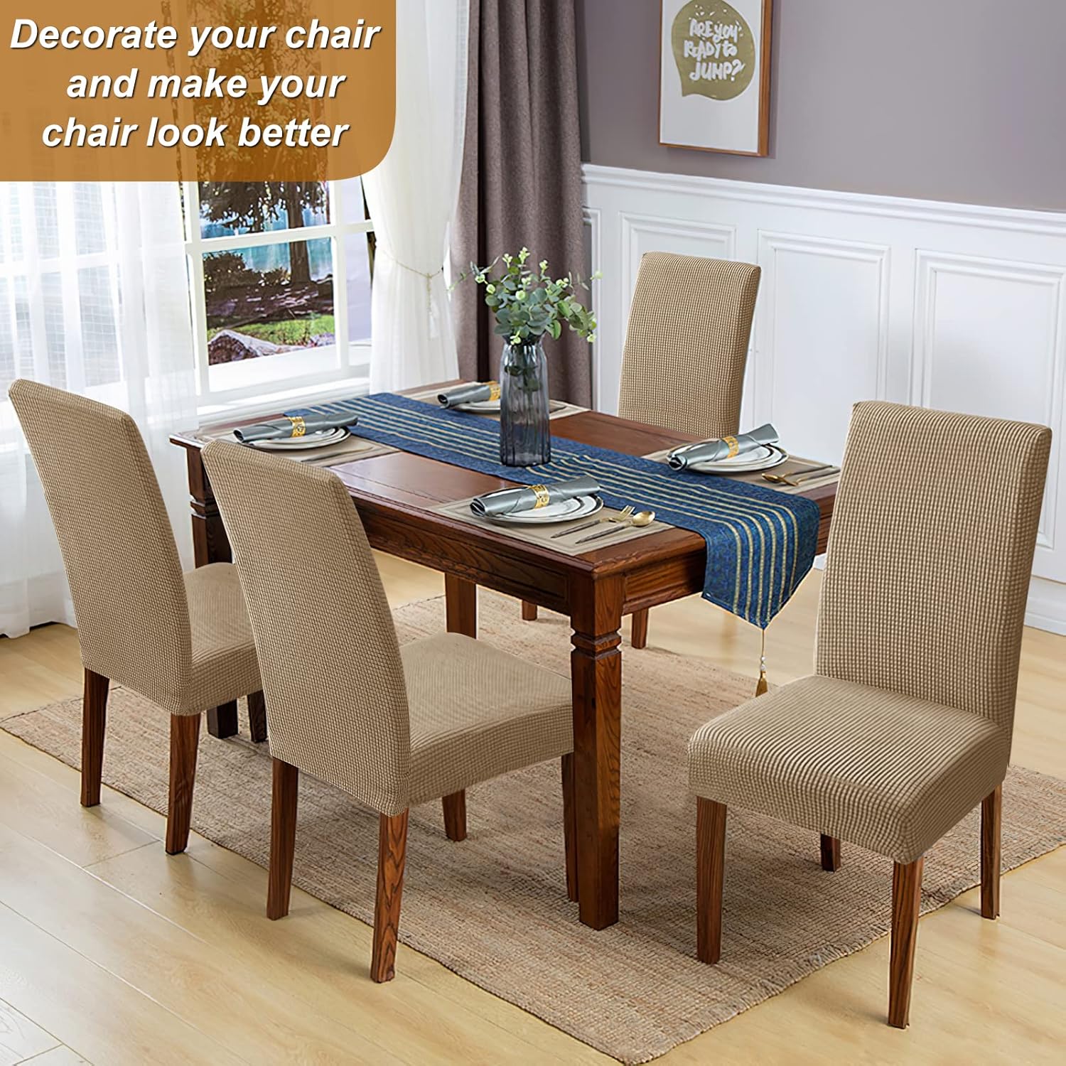 ELECLAND Beige Dining Chair Covers, Stretch Removable Washable Dining Chair Slipcovers, Dining Seat Covers Chair Protector for Home Decorations (Beige, Set of 4)
