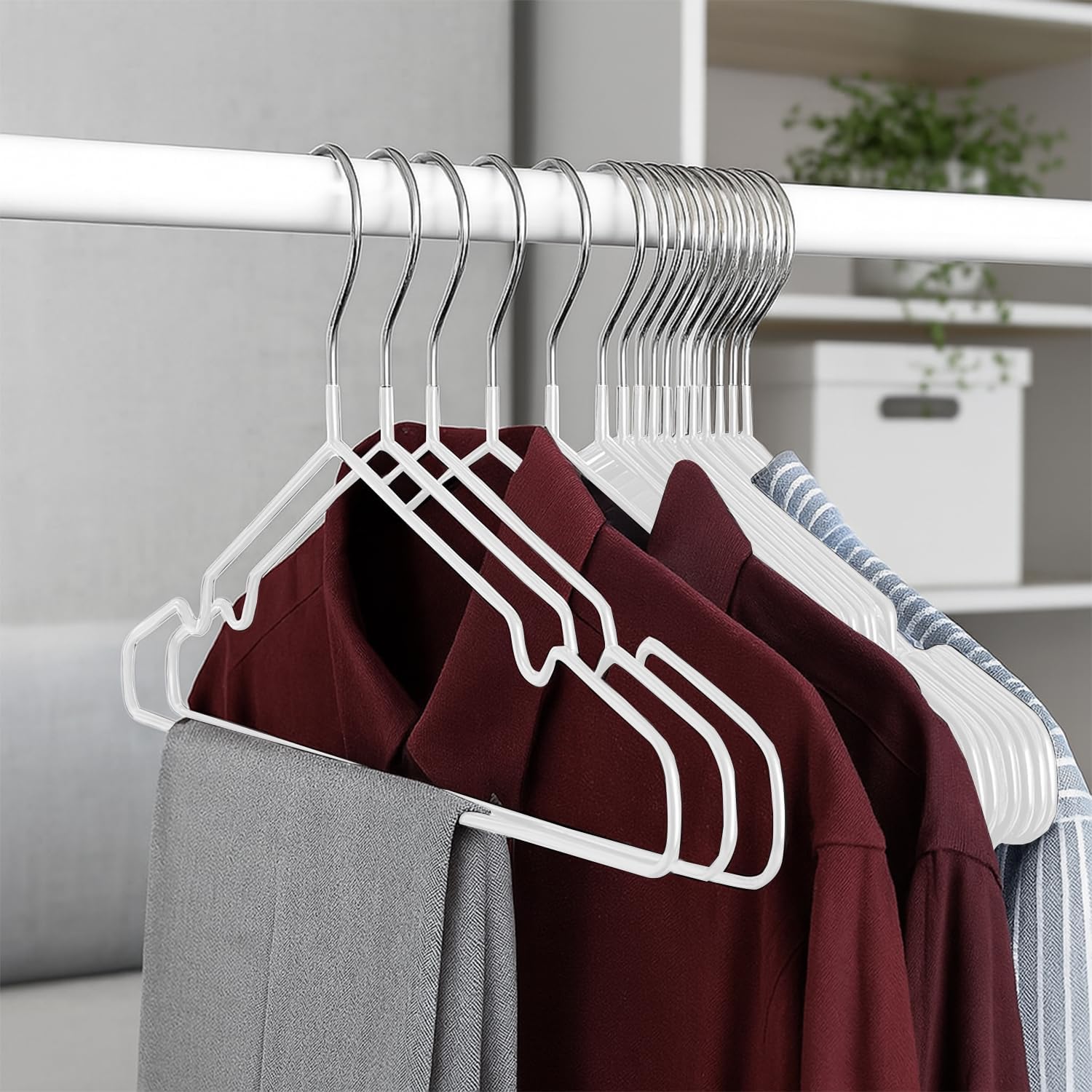 20x Premium Rubber Coated Metal Hangers - Heavy Duty - Space Saving Organiser Clothes Hangers For Wardrobes Coat Rack Rails (White)