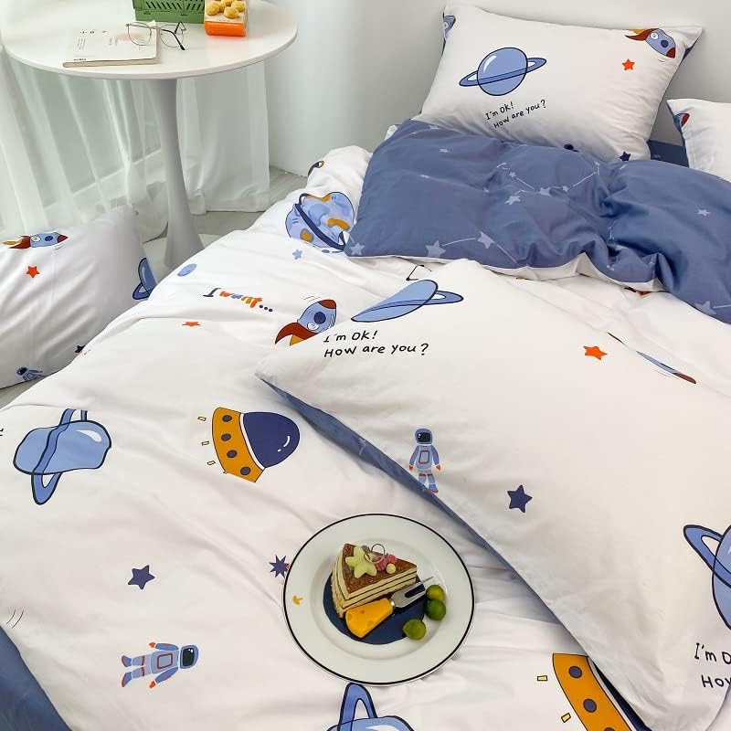 HAVOP 100% Cotton Duvet Cover Double Size Kids Boys Girls Cartoon Space Bedding Set Rocket Planet Stars Printed Quilt Cover Set White And Blue All Season Bedding Set, 200×200 cm