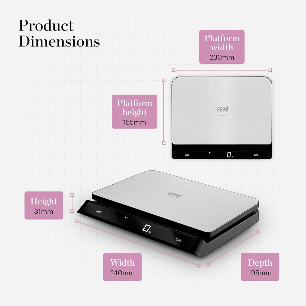 GF876009 Good Food in partnership with Tower Digital Intelli Kitchen Scale, Voice Control, LED Display, USB Rechargeable, 15kg Capacity, Black & Stainless Steel, 19.45