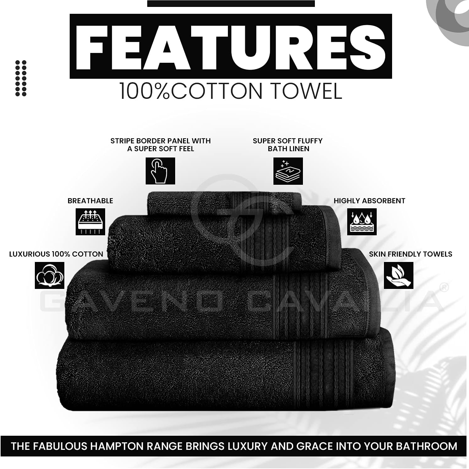 New Hampton Pack of 4 Bath Towel Set, 100% Ringspun Cotton, Extra Absorbent 450 GSM Luxury Bath Sheets, Black, 4PK Secondary image