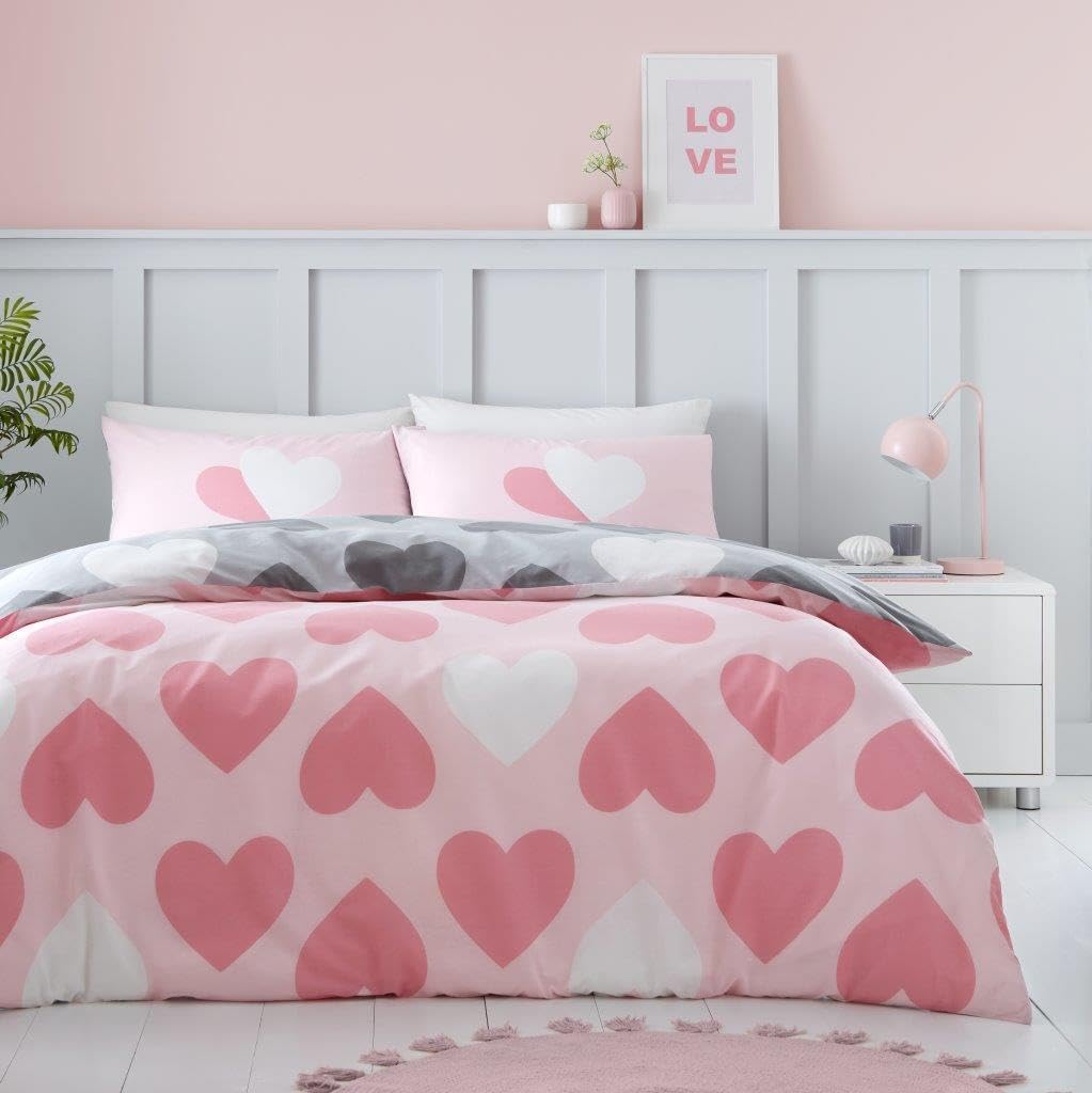Reversible Double Duvet Set, Pink Duvet Cover (200x200 cm), Love Heart Bedding & linen, Breathable Bed Cover Set, Washable Main image