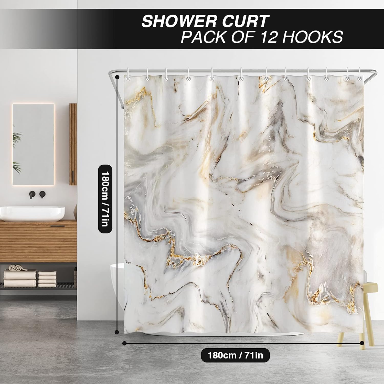 Shower Curtain Mould Proof Mildew Resistant Bathroom Shower Curtains Waterproof Shower Curtain 100% Polyester Marble Shower Curtains with 12 Hooks, 180 x 180 cm (Marble)