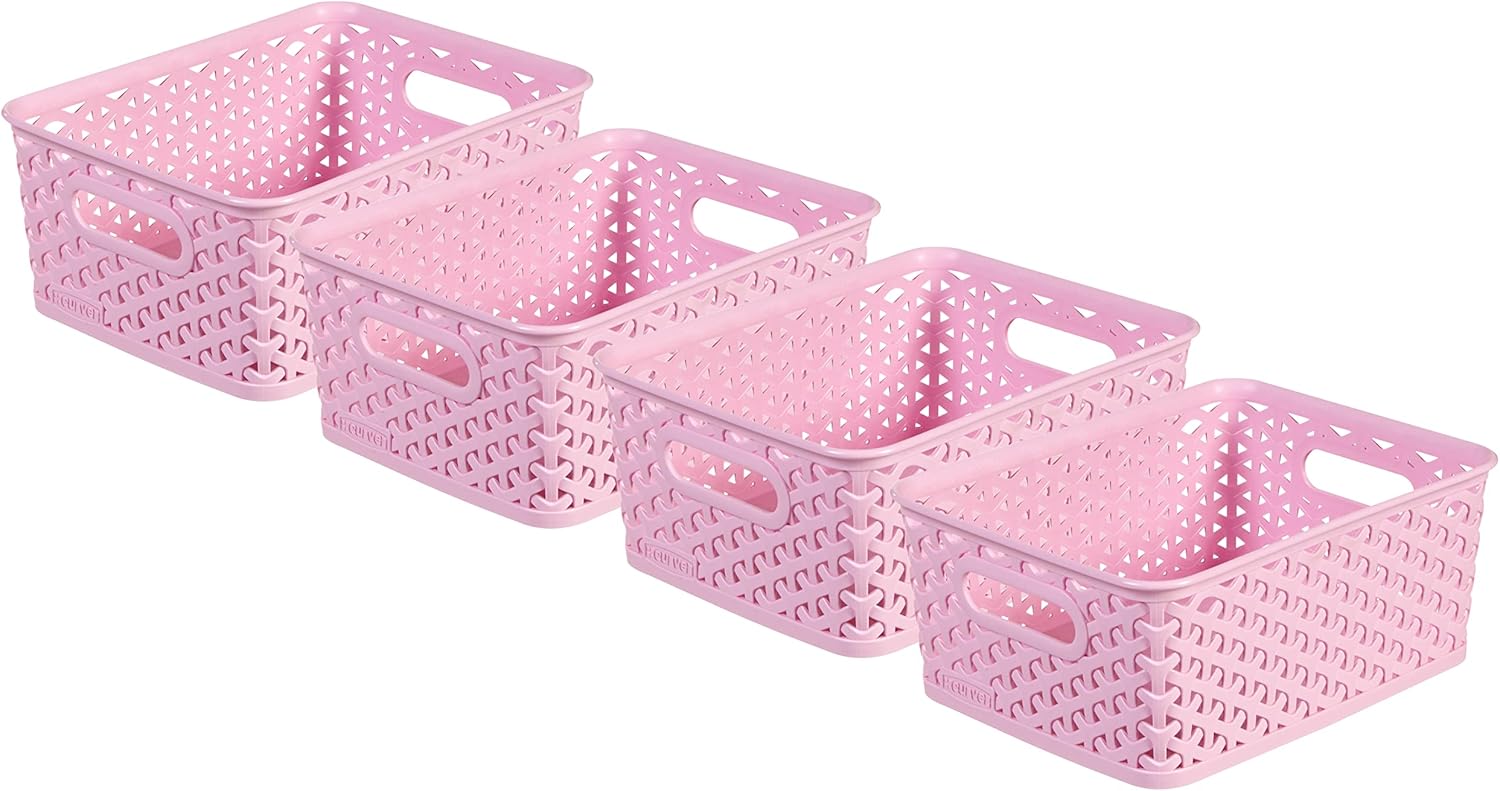My Style Rattan Effect Set of 4 Kitchen, Living room, Bathroom, Bedroom, Utility Small Rectangular Storage Baskets 4 Litres - Pink Main image