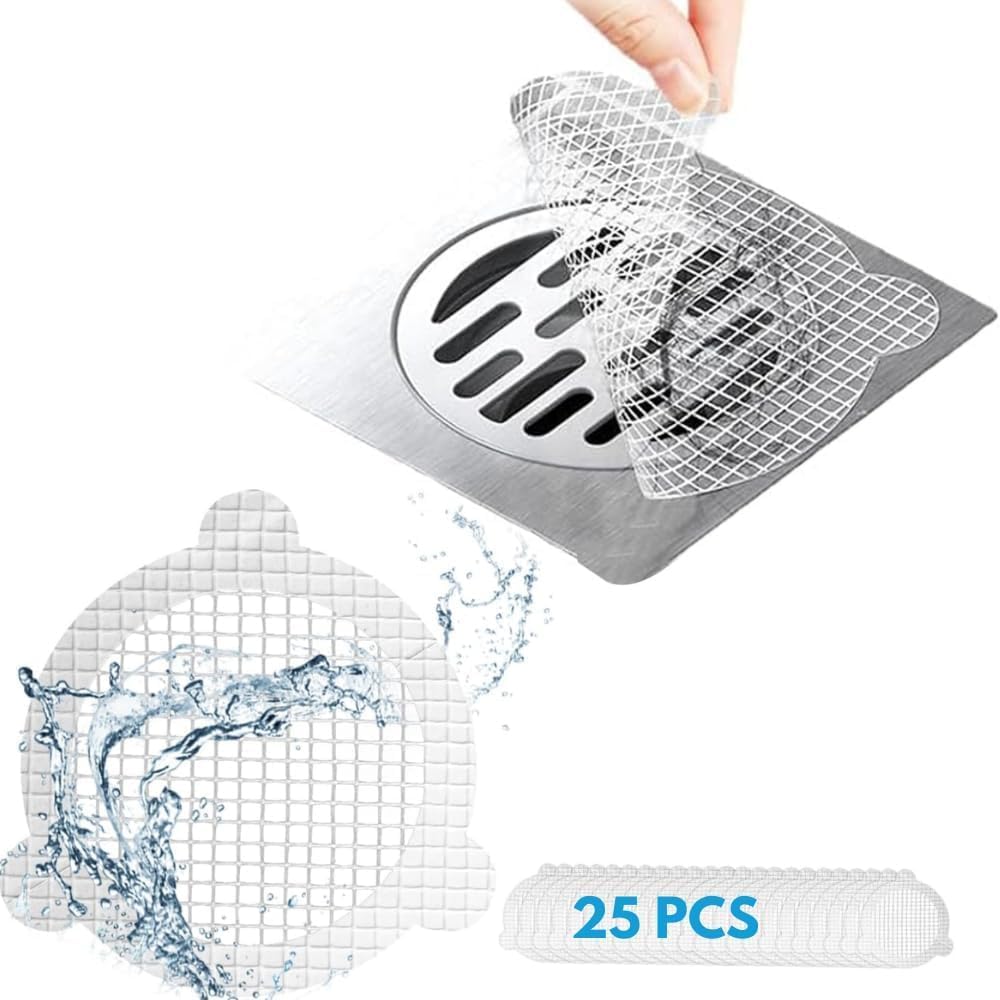 (25 Pack) Disposable Drain Cover & Drain Snake Stickers - 9cm Round Shower Drain Cover & Hair Catcher for Shower Drain - Perfect for Bath & Kitchen - Mesh Stops Human & Pet Hair Main image
