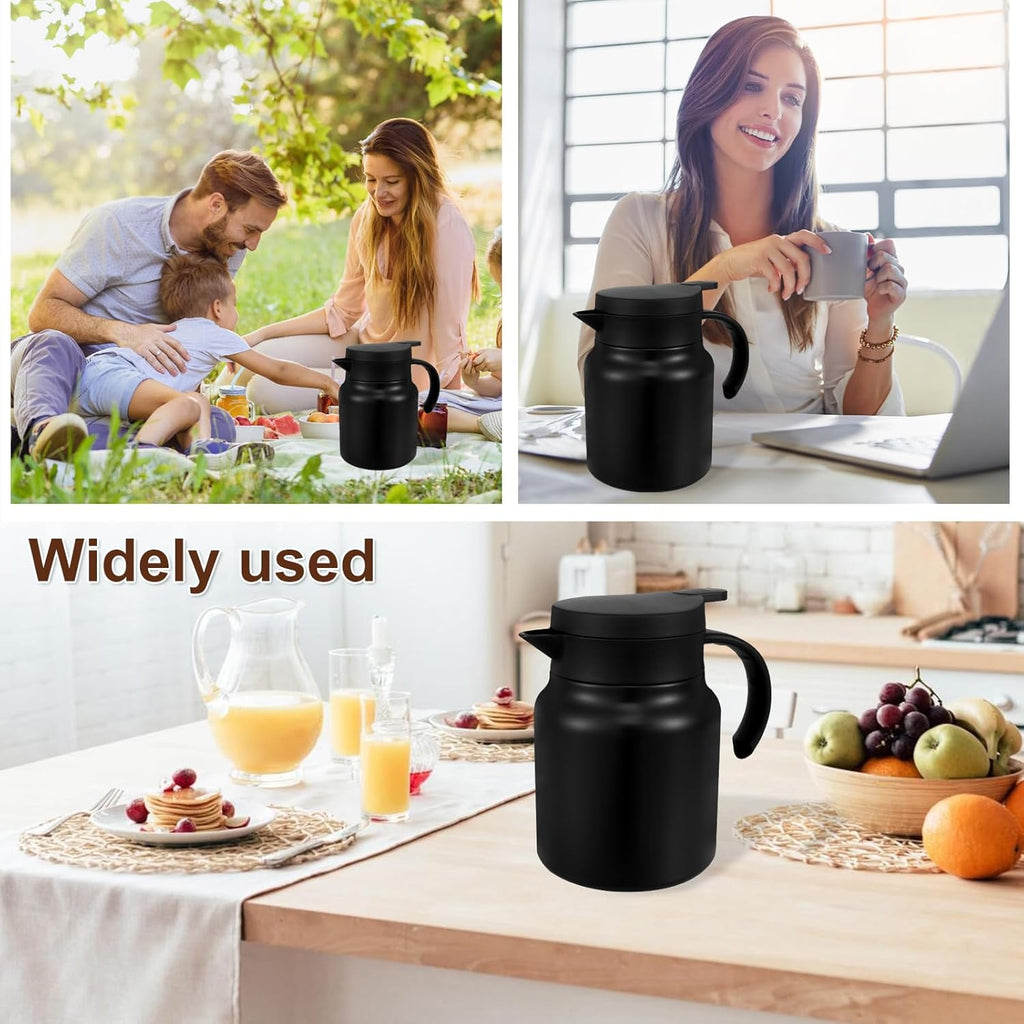 Thermal Coffee Carafe 1000ML Insulated Water Pitcher Stainless Steel Carafe with Detachable Tea Strainer Leak-Proof Vacuum Insulated for Milk Coffee Tea Hot Cold Drinks (1000ml (Black))