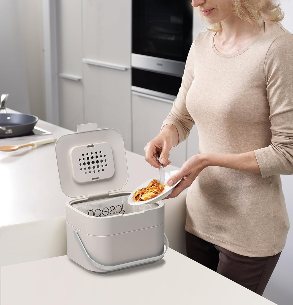 Intelligent Waste, Stack 4 Kitchen Food Waste Compost Caddy Recycling Bin with Odour Filter, 4 Litre / 1 Gallon - Stone
