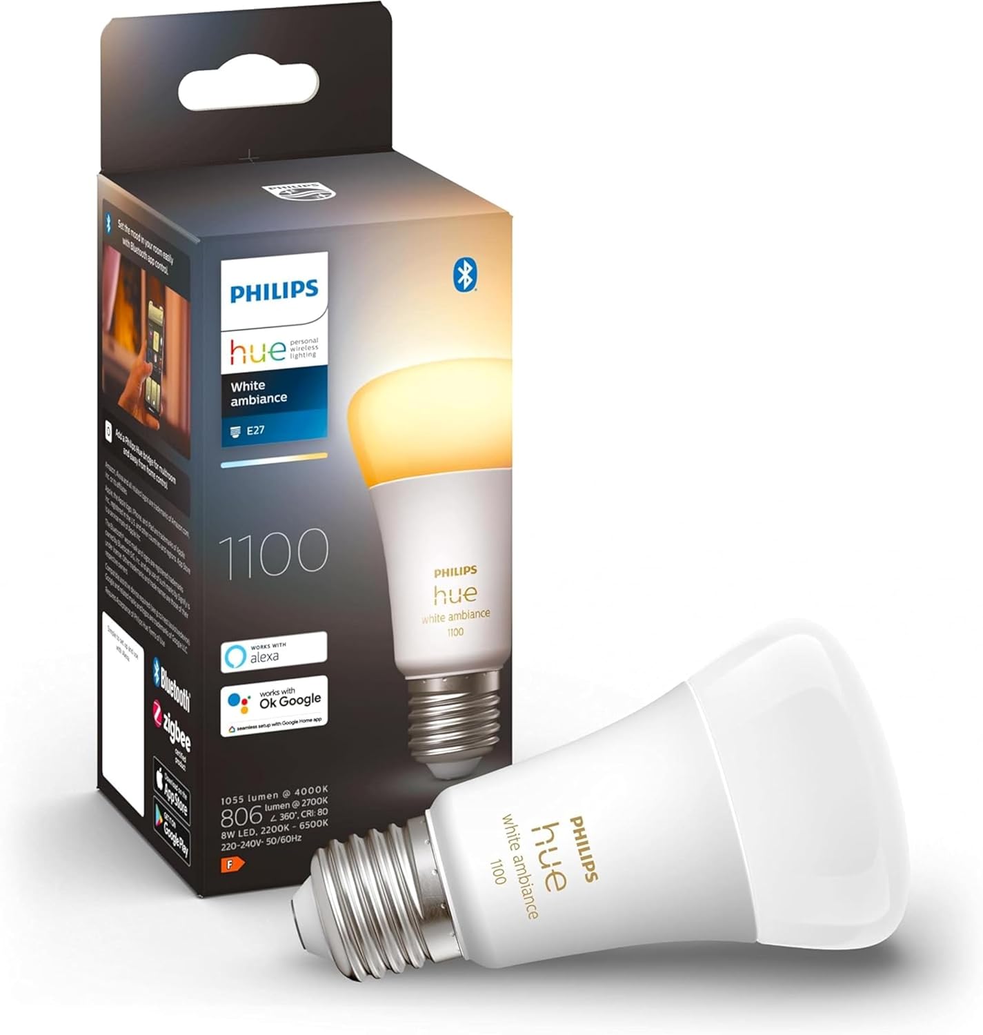 NEW White Ambiance Smart Light Bulb 75W - 1100 Lumen [E27 Edison Screw] With Bluetooth. Works with Alexa, Google Assistant and Apple Homekit