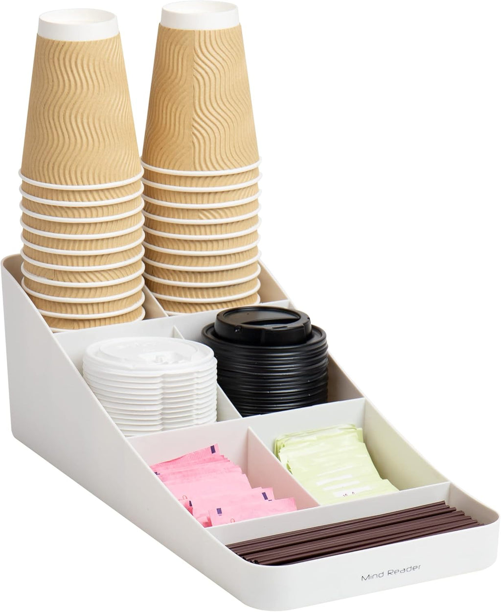 Mind Reader Anchor Collection, 7-Compartment Coffee Cup and Condiment Countertop Organizer, 7.25" L x 15.5" W x 5.25" H, White