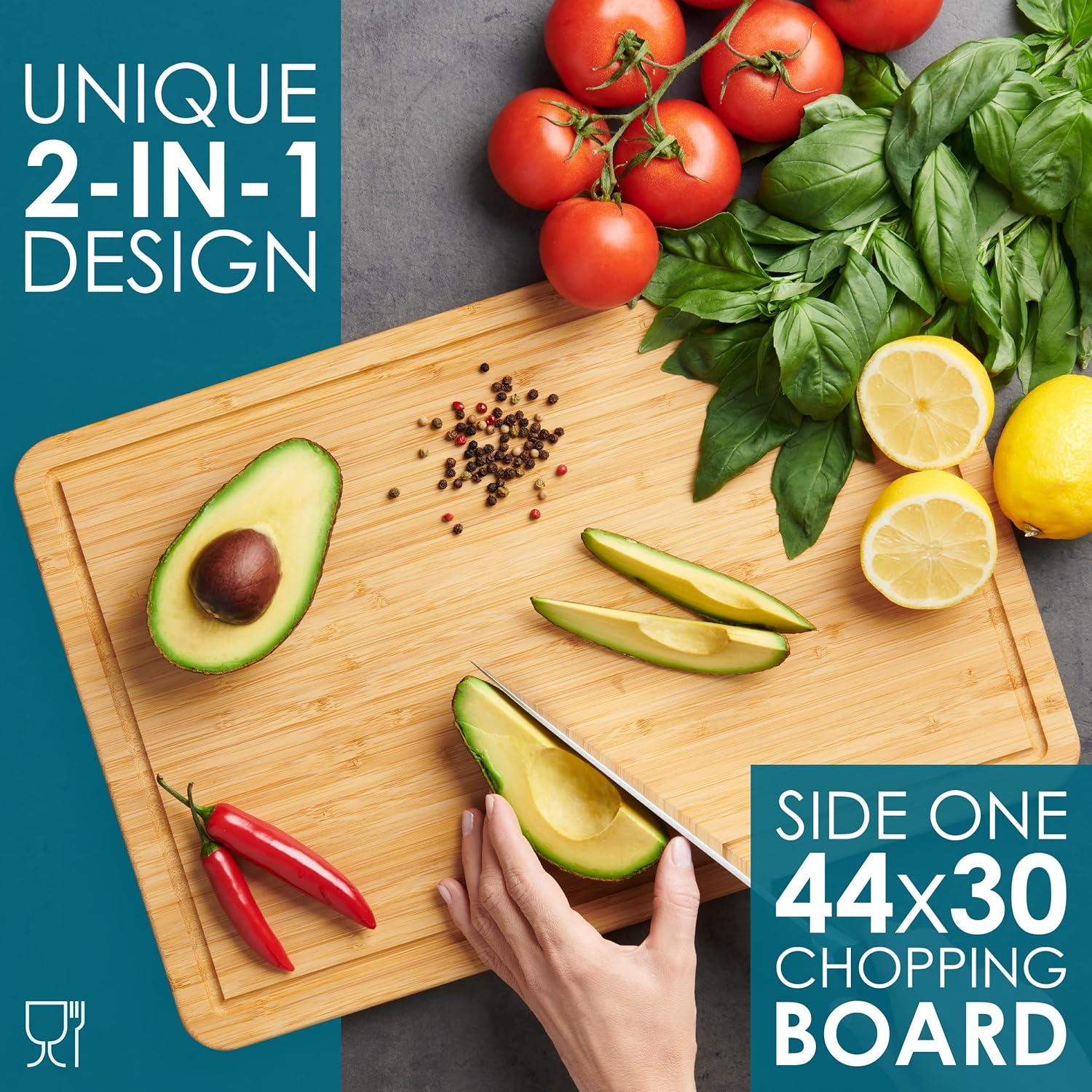 Premium Organic 2-in-1 Extra-Large Wooden Chopping Board & Serving Tray – 44x30x2cm – Multi-Purpose Bamboo Cutting Board with Juice Groove for Carving Meat, Vegetables, Cheese and Bread – by LARHN Secondary image