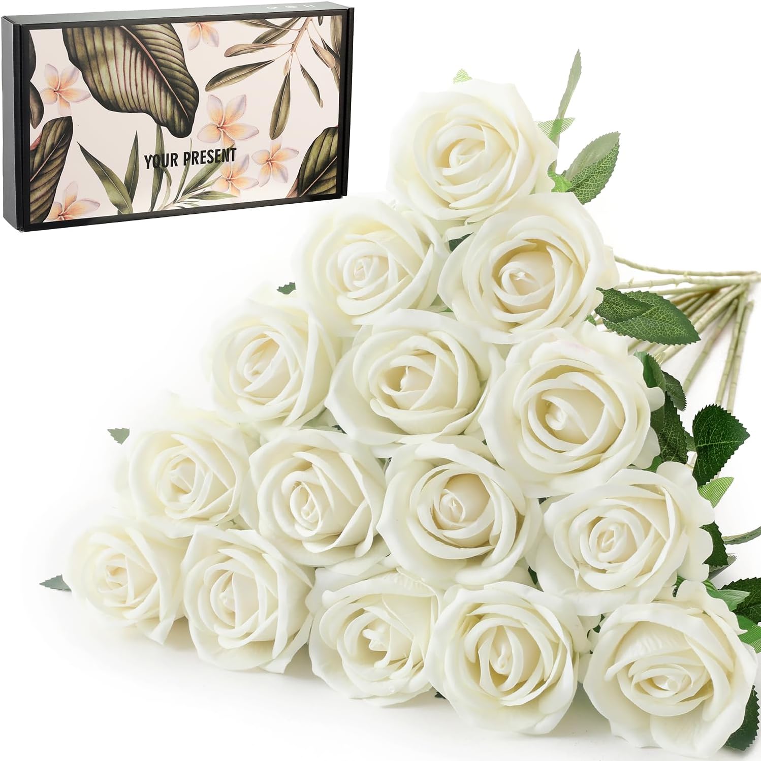 15Pcs Small Fake Roses Velet Roses Long Stem Artificial Flowers Silk Flowers for Home Wedding Decoration (Pearl Roses,White) Main image