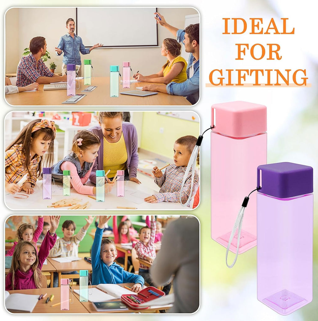 20 Pack Kids Plastic Water Bottle Bulk 500ml Sport Water Bottle, Reusable Square Drink Bottles, Lightweight Leakproof Beverage Bottles with Handle Strap for School, Gym, Outdoor Fitness, Travel