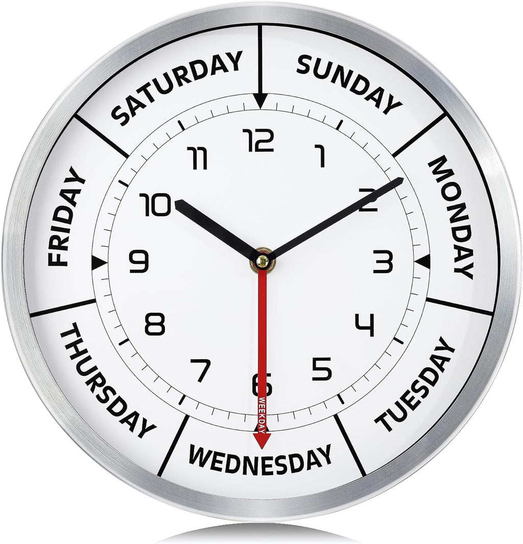 Version 3.0 Metal Day of The Week Wall Clock for Seniors 12 Inch, Silent Non Ticking Modern Silver Wall Clocks for Living Room Decor Bedroom Home, Ideal Retirement Gift for Men & Women