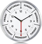 Version 3.0 Metal Day of The Week Wall Clock for Seniors 12 Inch, Silent Non Ticking Modern Silver Wall Clocks for Living Room Decor Bedroom Home, Ideal Retirement Gift for Men & Women